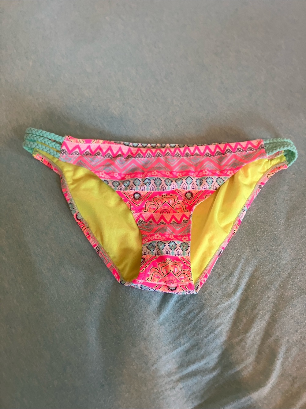 Arizona Jean Company Neon Pink Tribal Bikini Bottoms with Mint Braided Sides